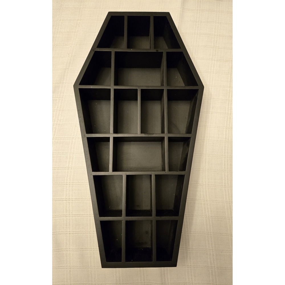Curio Trinket Coffin Shelf - Wooden Goth Decor for Display or Storage 18inx9.5in